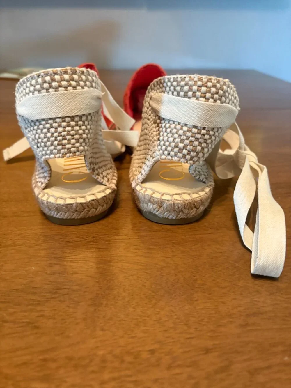 NWOT Gaimo-Made in Spain-Coral Red Crochet Ankle Tie Flat Espadrilles. 6.5/7